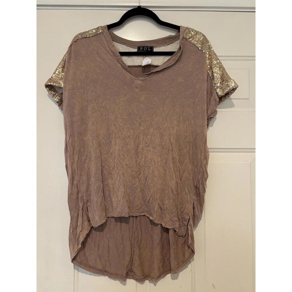 Womens sz‎ S brown/blush sequin POL short sleeve shirt #612